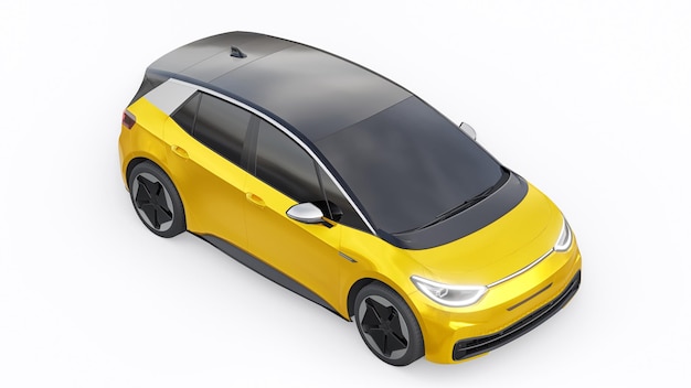 Nieuwe generatie gele elektrische stads hatchback auto met uitgebreid bereik 3d illustratie