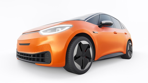 Nieuwe generatie oranje elektrische stads hatchback auto met uitgebreid bereik 3d illustratie