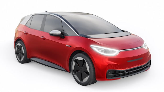 Nieuwe generatie rode elektrische stads hatchback auto met uitgebreid bereik 3d illustratie