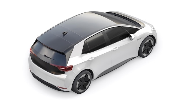 Nieuwe generatie witte elektrische stads hatchback auto met uitgebreid bereik 3d illustratie