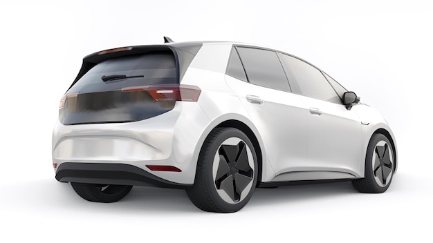 Nieuwe generatie witte elektrische stads hatchback auto met uitgebreid bereik 3d illustratie