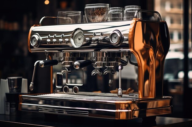 Nieuwe glimmende koffiemachine in de coffeeshop is klaar om koffie te gaan zetten