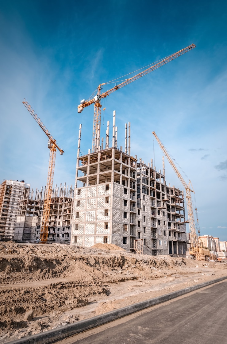 Foto nieuwe hoogbouwwoningen en bouwkranen