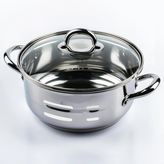 Nieuwe kookpot geïsoleerde metalen pan met glazen deksel soep keukendoeken glanzende roestvrije kookpot