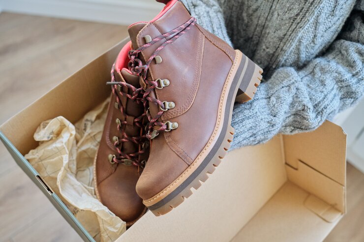 Foto nieuwe leren bruine waterdichte wandelschoenen voor de herfst in handen van vrouwelijk, trendy schoeisel voor de winter. schoenen uitpakken, online winkelen vanuit huis, schoenenwinkel