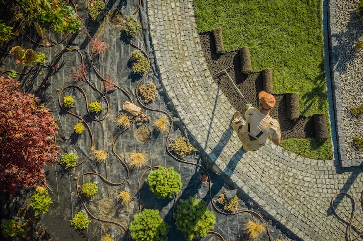 Foto nieuwe residentiële tuin die wordt ontwikkeld door een blanke landschapswerker