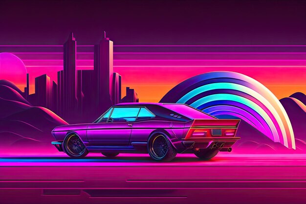 Nieuwe retrowave paarse neon achtergrond ontwerp kunst generatieve AI