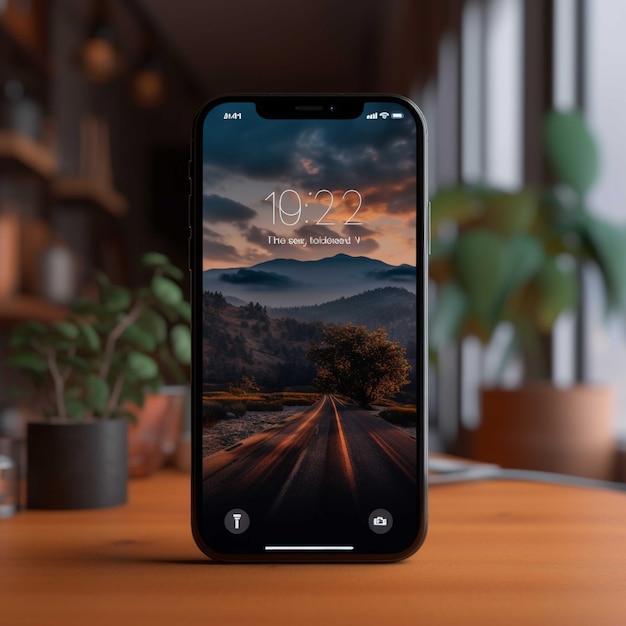 Foto nieuwe smartphone op een donkere achtergrond smartphone in menselijke hand met een stad op het scherm