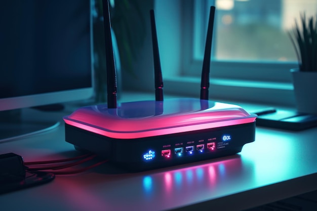 Foto nieuwe wifi modem neon internetapparatuur generate ai