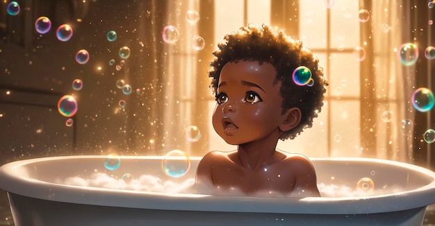 Foto nieuwgeboren afro-amerikaanse baby neemt een bad