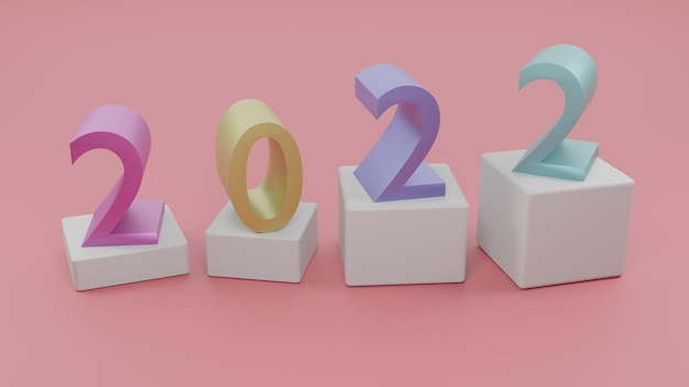 Nieuwjaar 2022 met podium 3d kleurweergave paars blauw geel en groen op roze achtergrond