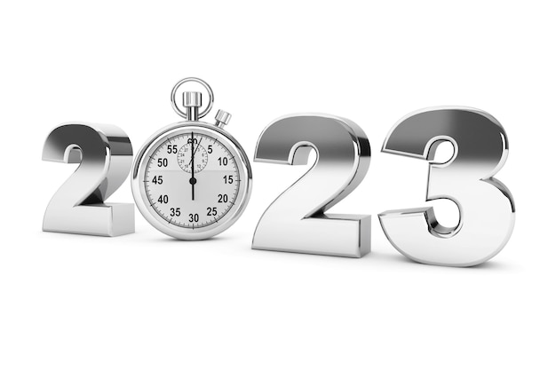 Nieuwjaar 2023 concept 2023 stalen bord met stopwatch 3D-rendering