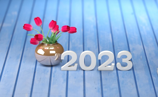 Nieuwjaar 2023 creatief ontwerpconcept met bloem - 3D-gerenderde afbeelding