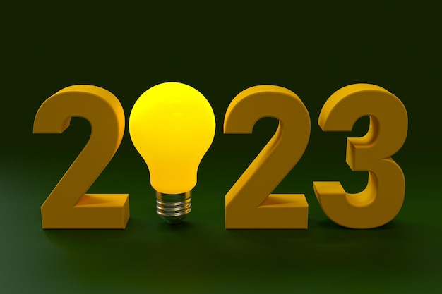 Nieuwjaar 2023 tekst met gloeilamp 3D-rendering