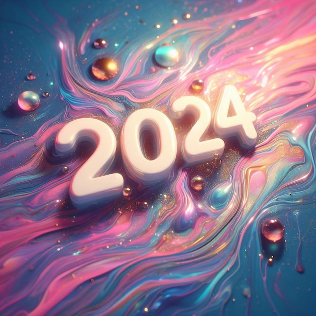 Nieuwjaar 2024 cijfers op een pastel vloeibare glitter achtergrond met glitter en licht reflecties generatieve ai illustratie