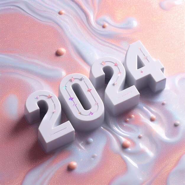 Nieuwjaar 2024 cijfers op een pastel vloeibare glitter achtergrond met glitter en licht reflecties generatieve ai illustratie