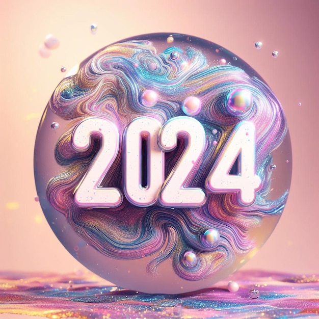 Nieuwjaar 2024 cijfers op een pastel vloeibare glitter achtergrond met glitter en licht reflecties generatieve ai illustratie