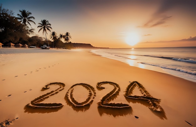Foto nieuwjaar 2024 concept tekst 2024 geschreven op zandstrand tijdens zonsondergang nieuwjaar start copy space
