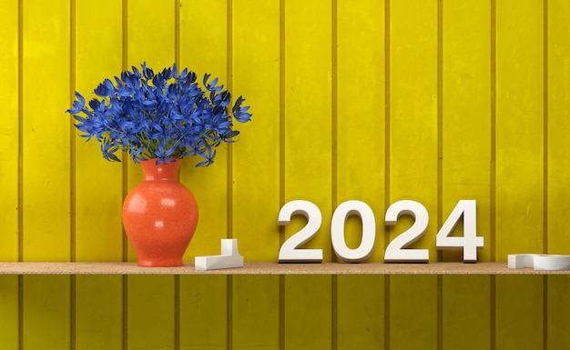 Nieuwjaar 2024 creatief ontwerpconcept met bloemen 3D-gerenderde afbeelding