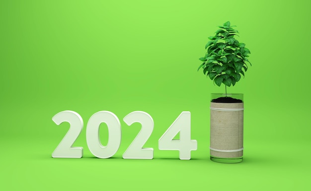 Nieuwjaar 2024 Creative Design Concept met go green Concept 3D Rendered Image