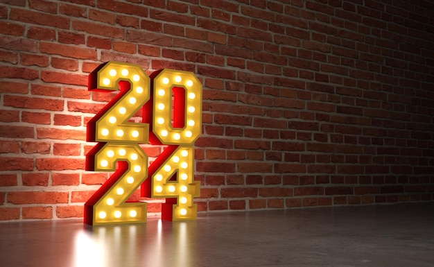 Nieuwjaar 2024 Creative Design Concept met lichten 3D-gerenderde afbeelding