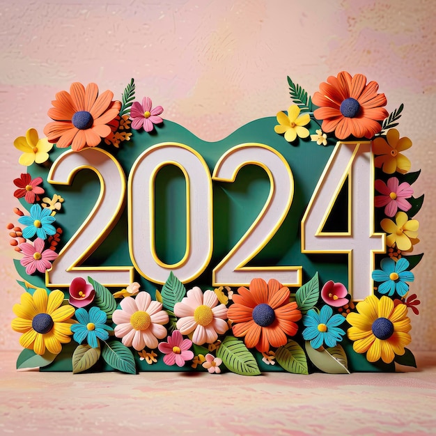 Nieuwjaar 2024 een bord met bloemen en het getal 2024 erin