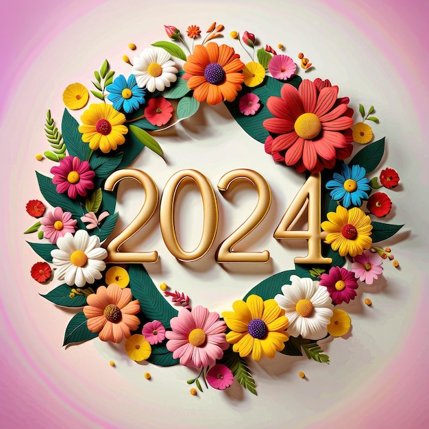 Nieuwjaar 2024 een krans van bloemen met het getal 2020 in het midden
