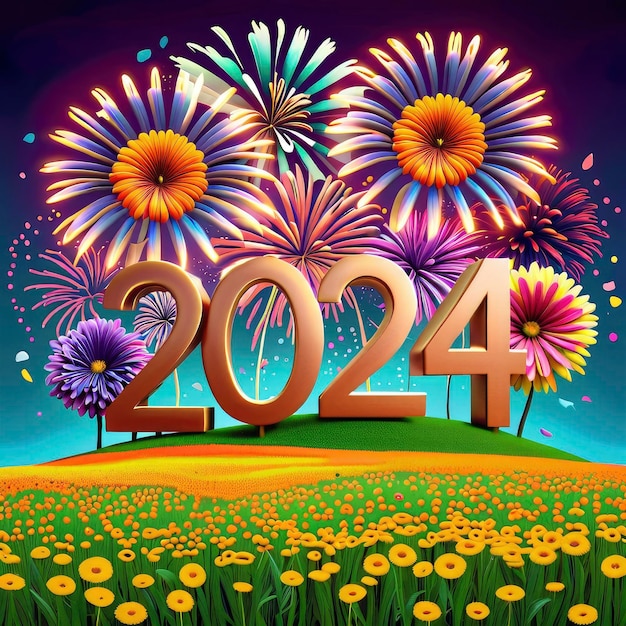 Nieuwjaar 2024 een veld met bloemen en vuurwerk in de lucht boven