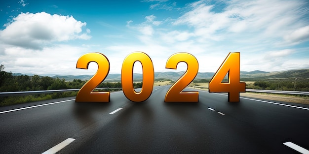 Nieuwjaar 2024 Leeg asfaltweg en nieuw jaar 2024 concept Outlook voor 2024 Vooruitgaan in zakelijke carrière en leven Rijden op een lege snelweg naar Doelstellingen 2024 met zonsondergang