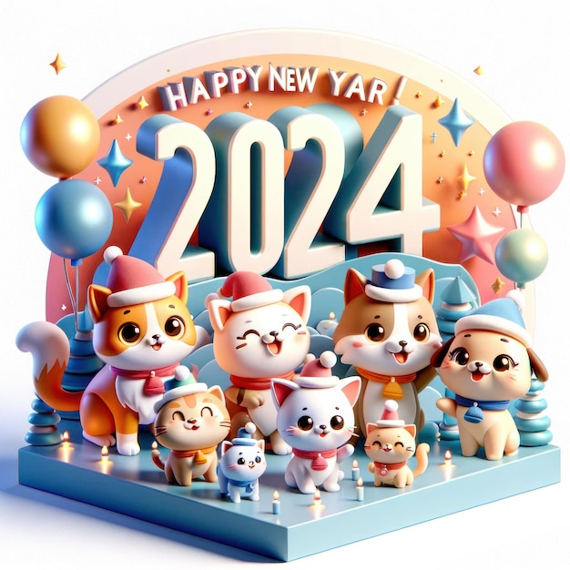 Foto nieuwjaar 2024 ontwerp met 3d een schattige cartoon illustratie van een dierenfamilie zoals katten honden