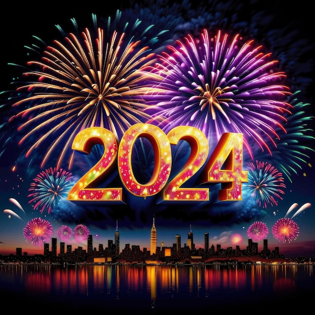 Nieuwjaar 2024 vuurwerk en vuurwerk over een stads skyline met het nummer 202