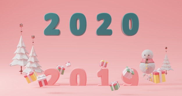 Foto nieuwjaar concept. groen 2020-nummer voor het veranderen van het jaar drijvend op roze achtergrond omringd door kerstbomen en geschenkdozen en sneeuwpop.