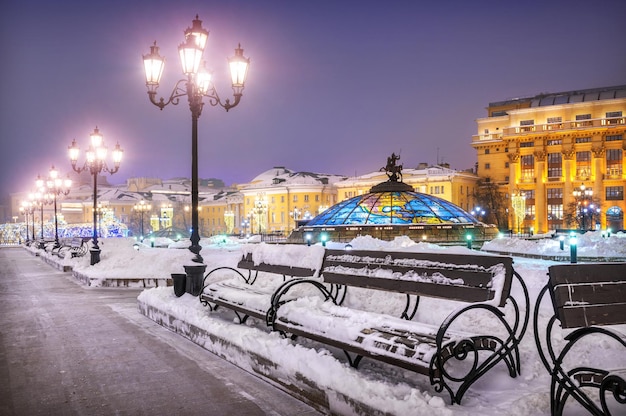 Nieuwjaar en George de overwinnaar op het Manezhnaya-plein en lantaarns op een winternacht in Moskou