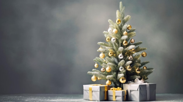 Nieuwjaar en kerstkaart met bokeh-geschenken onder de kopieerruimte van de vakantieboom