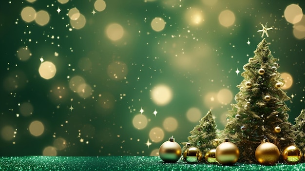 Nieuwjaar groene en gouden achtergrond met kerstboom versierd met ballen