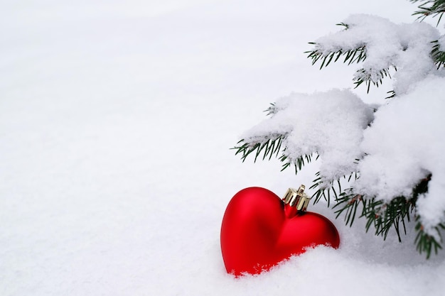 Nieuwjaar Kerstmis rood hart in de sneeuw onder de boom. Houd van je hart voor Kerstmis.