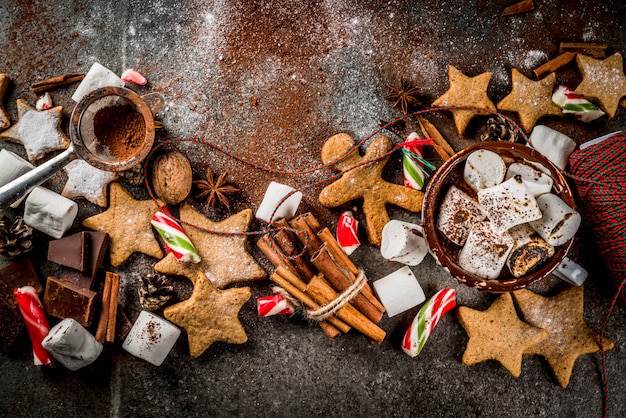 Nieuwjaar, traktaties voor Kerstmis, snoep. Kop warme chocolademelk met gebakken marshmallow, gembersterrenkoekjes, peperkoekmannen, gestreepte snoepjes, kruiden, kaneelanijs, cacao, poedersuiker. Bovenaanzicht copyspace