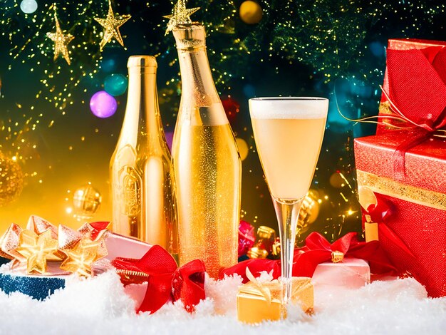 Foto nieuwjaars achtergrond nieuwjaars feestkaart met heldere lichten geschenken en fles champagne beeld doen