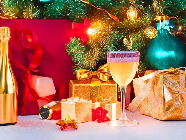 nieuwjaars achtergrond nieuwjaars feestkaart met heldere lichten geschenken en fles champagne beeld doen