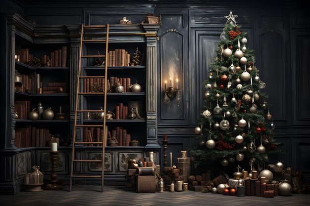 Nieuwjaars kerstinterieur met kerstboom en feestelijke versieringen gegenereerd door AI