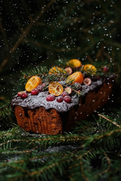Nieuwjaars peperkoekcake met kumquat, gedroogde bessen en fruit. Een feestelijk dessert versierd met vuren twijgen en verse bessen en fruit.