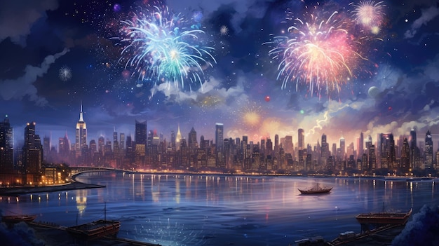 nieuwjaars vuurwerk bovenste new york lucht stad van skyline nacht schot prachtige behang