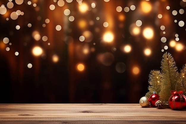 Nieuwjaarsachtergrond van bruin houten tafelblad met kerstboom 1