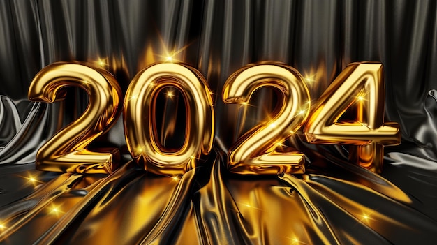 Foto nieuwjaarsbanner feestviering gouden 2024 cijfers op zwarte zijden stof achtergrond moderne realistische illustratie van gele chroom 3d figuren en glanzende metalen decoratie op glinsterend satijn
