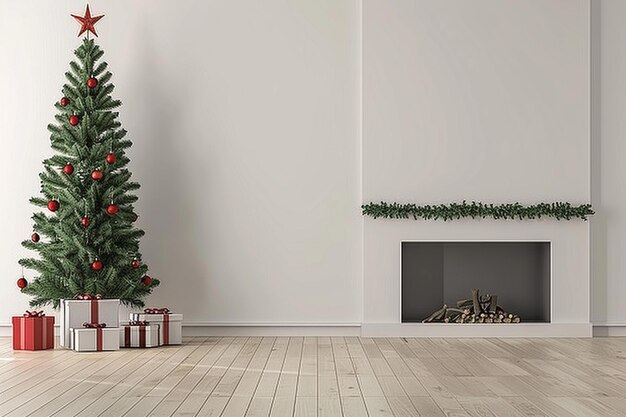 Nieuwjaarsboom en kerstcadeau dozen in het interieur met open haard