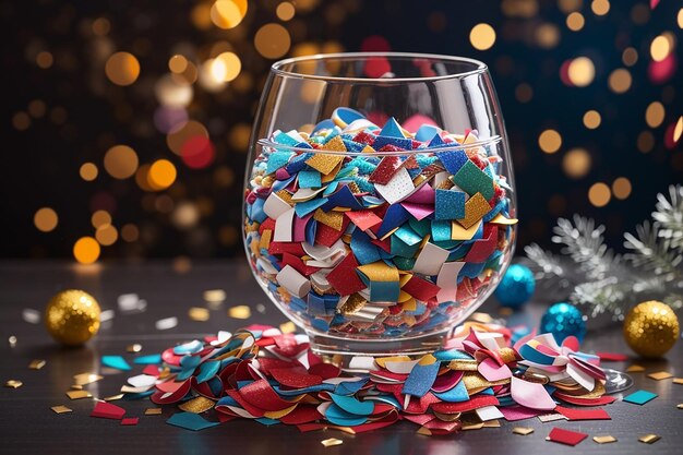 Nieuwjaarscompositie met kleurrijke confetti in glas