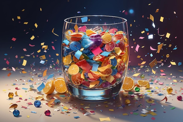 Nieuwjaarscompositie met kleurrijke confetti in glas