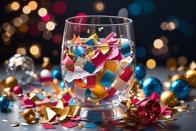 Nieuwjaarscompositie met kleurrijke confetti in glas