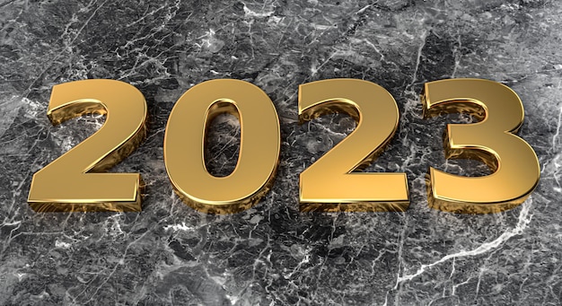 Nieuwjaarsconcept Gouden getal 2023 op marmeren achtergrond
