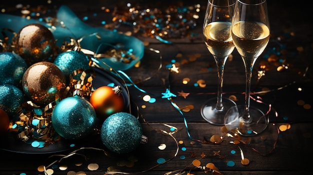 Nieuwjaarsfeestconcept Champagnefles en kerstversiering